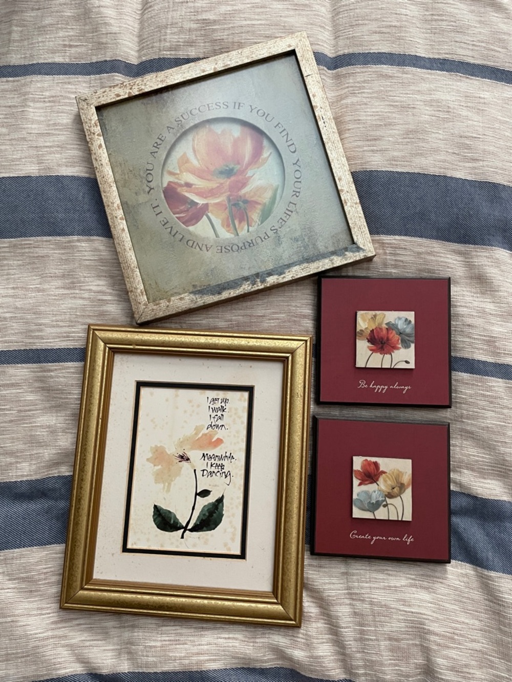 Floral Wall Art Set - Red, Cream, Blue Accents